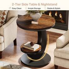 FINMIND Round End Table, 2 Tiers Side Table With Storage Shelf, Sofa Side Bedside Nightstand With Wood Metal Arc-Shaped Frame - Brown - View 11