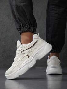 New Spring/Summer Men's Round Toe Lace-Up Thick Sole Chunky Sneakers, Fashionable Street Style Casual Sports Shoes - White - View 1