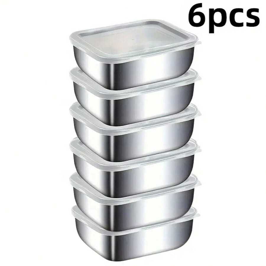 6 recipientes inox herméticos y apilables. Tapas antifugas. Aptos para refri, congelador, horno y lavavajillas. 2 tamaños: 13.5*10.5*5.5 cm y 25*19.5*5.5 cm. Para sobras y meal prep. - Plateado - Ver 1