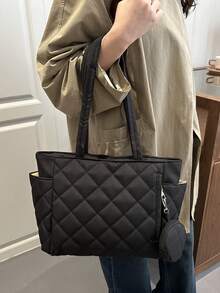 Túi xách đeo vai hai quai, dung tích lớn, họa tiết hình thoi, kiểu dáng thời trang mới, nhẹ và dễ mang theo, ví nữ, thích hợp cho du lịch ngoài trời mùa hè, trang trí bằng mặt dây chuyền hình động vật, ba lô du lịch thiết yếu. - màu đen - Xem 3