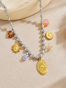 1件装 时尚简约多元素椭圆形雕刻向日葵吊坠不锈钢串珠项链 女士 - 金色 - 查看 2