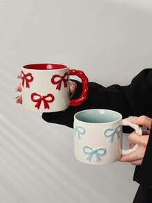 1 件创意 3D 蝴蝶结形陶瓷杯，带编织手柄，高品质咖啡/牛奶杯，可微波炉加热，送给女朋友的完美礼物，可爱的少女粉色水杯 - 彩色 - 查看 3