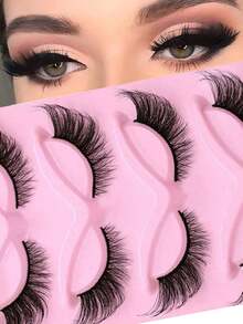 5 Pairs Half-Strip False Eyelashes, Transparent Band With Cat Eye Tail Extension, Natural & Delicate Faux Mink Lashes, Fluffy & Soft, For Natural Makeup Look - Black - View 7