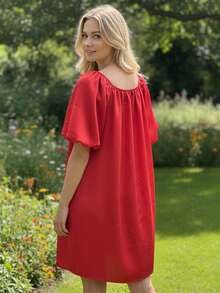 Women's Summer Mini Dress Short Puff Sleeve Square Neck Solid Color Satin Dress - Red - View 5