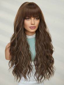 26英寸巧克力棕色波浪层次蝴蝶发型合成纤维假发，带刘海，适合日常佩戴和派对场合 - 巧克力棕 - 查看 5