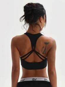 Women's Fashion Black Removable Padded Crew Neck Sleeveless Sports Knit Bra - Black - View 2