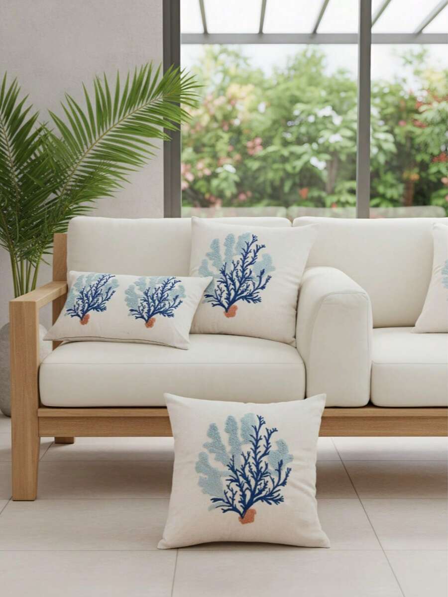 LCUHPCL 1 buc. Față de pernă decorativă cu tematică oceanică, brodată 3D, corali și scoici, decor fermecător pentru casă, potrivit pentru sufragerie, canapea, dormitor, mașină și diverse medii, primăvară/vară