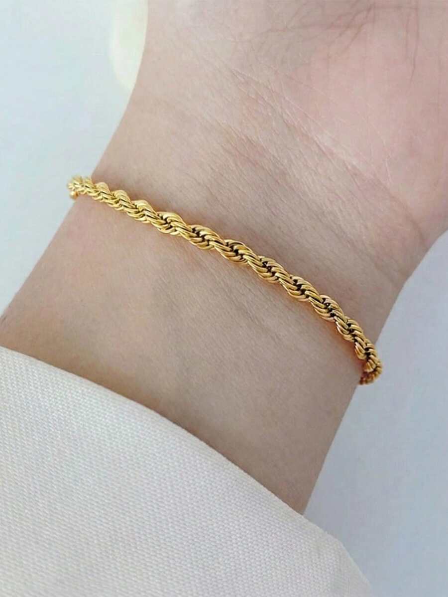 1件装 时尚简约金色扭纹链手链（女士款） - 金黃色 - 查看 1