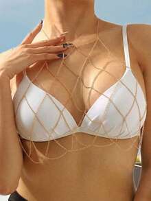 1pc Women's Fashion Sexy Body Chain, Versatile Personalized Metal Chain Hollow Mesh Body Jewelry, Suitable For Party, Nightclub, Beach - Gold - View 1