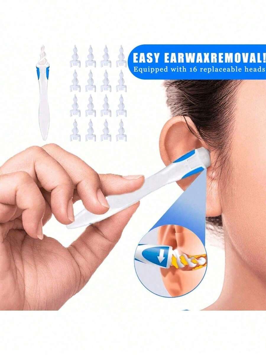 32pcs Soft Silicone Ear Wax Removal Tool Kit With 16 Replacement Heads, Easy To Remove Earwax, Reusable Ear Cleaner, Spiral Ear Care Health Cleaning Tool - White - View 1