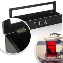 Organizador de Bolsitas de Té de Madera con Tapa de Vidrio, Caja de Almacenamiento de 6 Compartimentos para Té y Sobres de Azúcar, para Cajón o Encimera - Negro - Ver 4