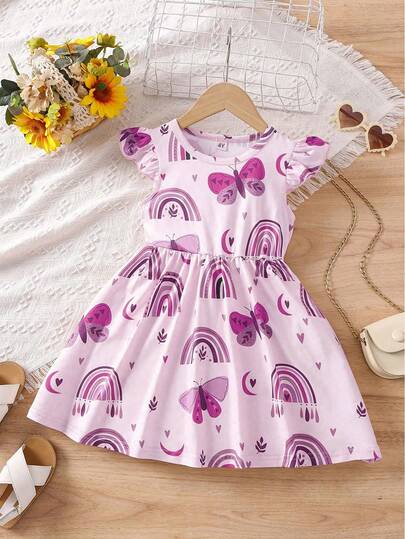 Young Girl Rainbow Butterfly Print Sleeveless Round Neck Casual Dress, Suitable For Daily Casual Outings, Vacation, Party, Outdoor Wear, Summer