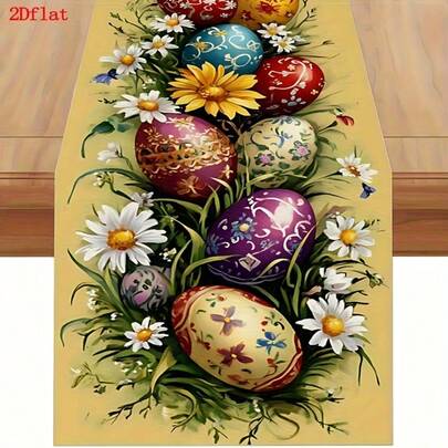 1pc Easter Table Runner With Egg, Rabbit And Floral Patterns (2D Flat Design). Elegant Design Adds Festive Joy And Color To Your Life. Suitable For Restaurant, Kitchen, Dining Table, Holidays, Parties, Easter Decoration And Spring Decoration.