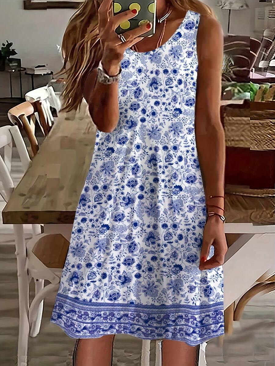 Women's Blue & White Floral Sleeveless Cami Mini Dress - Lightweight Summer Vacation Casual Beach Dress - Màu sắc hỗn hợp - Xem 1