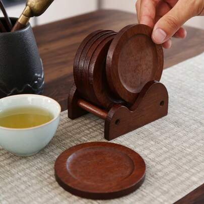 7件套（6个杯垫+1个收纳架）复古竹制杯垫，茶道茶杯碟，耐热圆形凹陷餐垫，适用于家庭聚会、朋友聚会、商务活动、节日、母亲节、父亲节、斋月、毕业季、户外活动、野餐等场合。