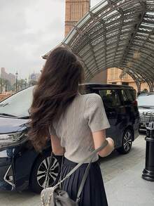 Summer New Polo Collar Knit Sweater, Short Sleeve T-Shirt, Women Pullover - Grey - View 5