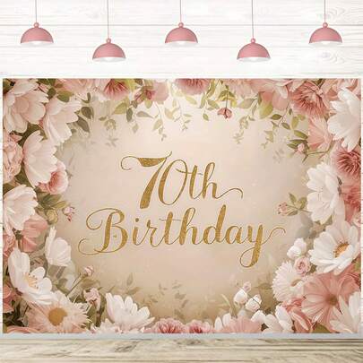 Elegant 70th Birthday Party Banner - Pink And Gold Floral Background With '70th Birthday' Text, Perfect For Home And Wall Decoration, Photo Props And Party Supplies, Birthday Party Decor, Event Atmosphere Decorations