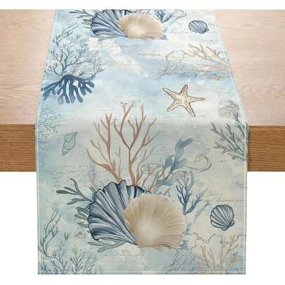 1pc Spring Coastal Sea Turtle & Seashell Table Runner, Seasonal Summer Starfish Kitchen Dining Table Decor, Indoor Outdoor Home Party Decoration