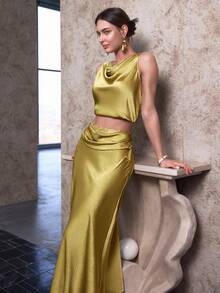 Sollinarry Women's Elegant Sleeveless Draped Top With Contrasting Lace Detail Skirt 2 Pieces Set - Turmeric - View 3