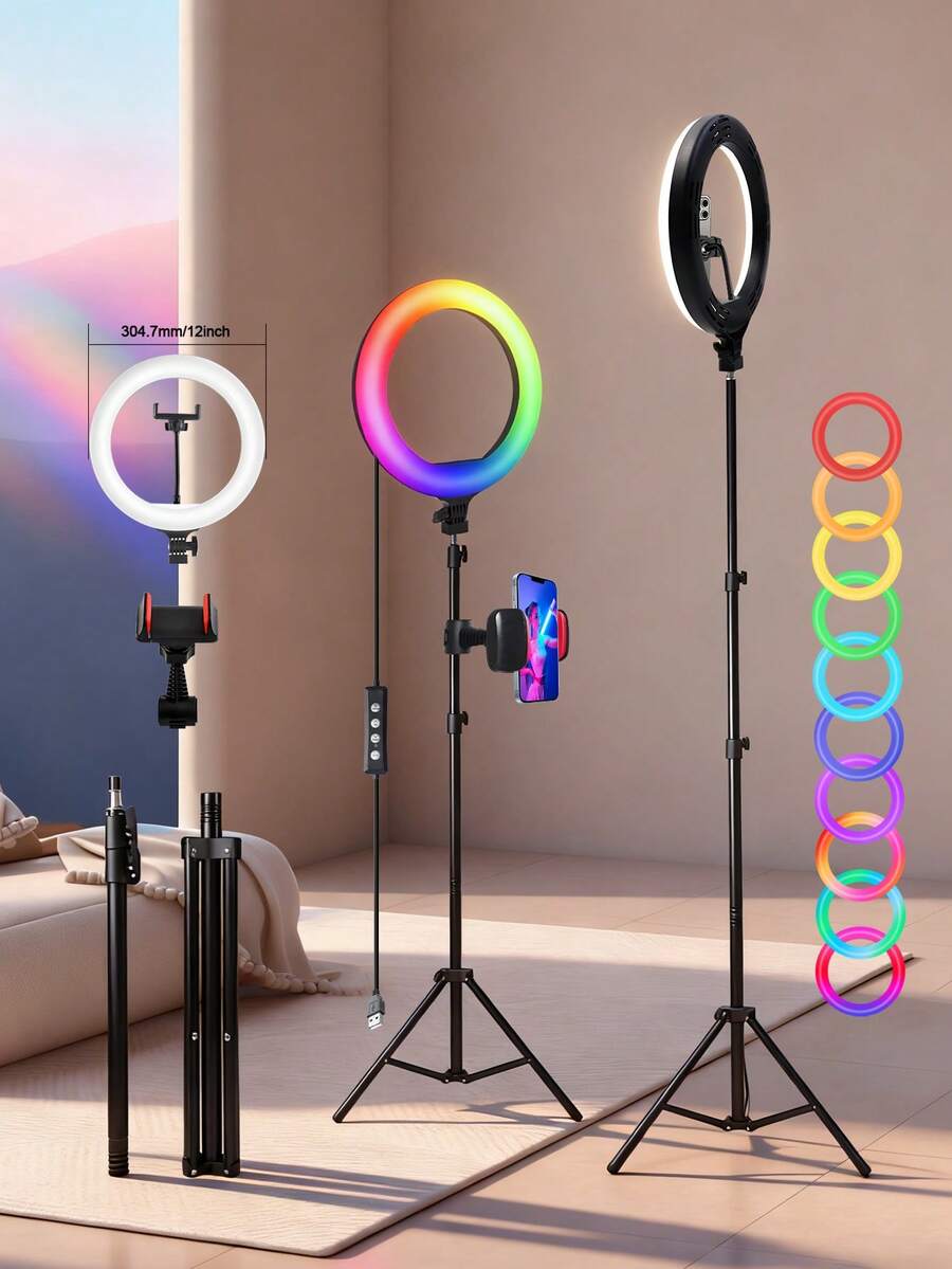 Adjustable Large Phone Photography Accessories 12 Inch LED Ring Light Set With Extension Pole And Adjustable 160cm Tripod With 2 Phone Clips RGB Dynamic Lighting Options Universal Camera Mount Compatibility And Steady Multi Angle Positioning Designed For Studio Photography Live Streaming Conference Recording And Beauty Content Creation Women's Day Celebration A - 12-inch RGB - View 1