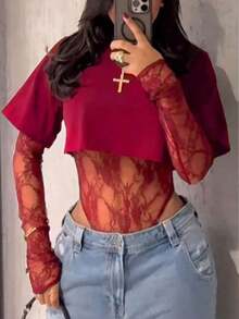Women's Sheer Lace Short Sleeve Crop Top, Solid Color Lace Patchwork See-Through Bodysuit Daily Wear, Dating, Single Party, Stage Performance, Spring/Summer ID2I - Đỏ - Xem 6