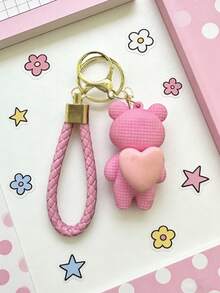 1pc Creative Pink Heart Resin Teddy Bear Keychain, Delicate & Cute Cartoon Car Key Chain Handbag Pendant, Suitable For Daily Use Or Couple Gift, School & Auto Decor, Gothic Y2K Christmas - Multicolor - View 4