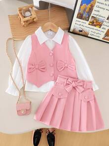 4pcs Girls Cute Preppy Style 3D Bow Sleeveless Vest + Long Sleeve Shirt + Fake Pocket Skirt With Belt, Autumn/Winter - Pink - View 1