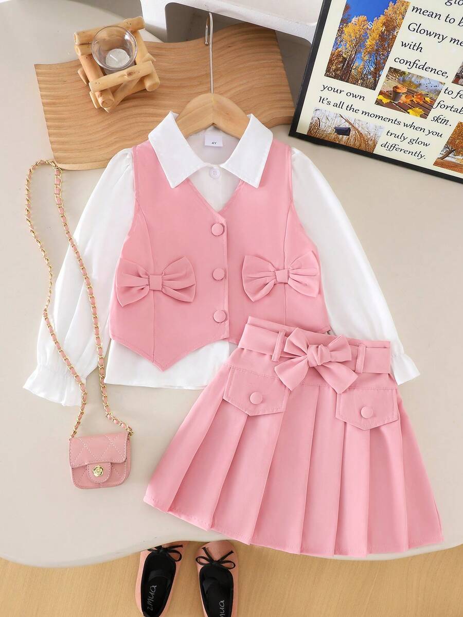 4pcs Girls Cute Preppy Style 3D Bow Sleeveless Vest + Long Sleeve Shirt + Fake Pocket Skirt With Belt, Autumn/Winter - Pink - View 1