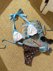 新款波点印花串珠露背开衩泳衣，适合海滩、泳池派对、假日度假 - 棕色 - 查看 4