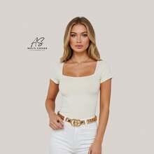 Set Of 4 Baby Look Blouses With Double Front Lining And Square Neckline. Simple. None. Vacation. Beach. - OFF/RED/YELLOW/LILAC - View 4