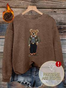 Women's New Autumn/Winter Fashion Sweater, Featuring A Vintage Gentleman Bear Design. This Loose-Fitting, Round-Neck, Long-Sleeved Sweater Is Made From Soft And Comfortable Fabric, Perfect For Casual And Everyday Wear. Part Of The New Autumn/Winter Collection.Layered Tops Suitable For New Year And Valentine's Day, Perfect As A Valentine's Day Gift. - Coffee Brown - View 2