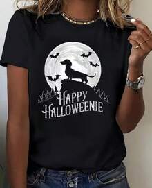 100% Pure, Dachshund Happy Pattern Printed T-Shirt For Spring And Summer Round Neck Short Sleeved Women'S T-Shirt, Pure Breathable Casual Sports Top, Holiday Gift - màu đen - Xem 1