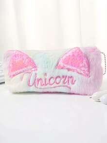 1pc Cartoon Cat Ear Sequin Ombre Large Capacity Zipper Pencil Case, Cute Creative Simple Plush Pencil Bag For Girls, Kitty Pencil Pouch, Adorable High-Quality Storage Bag, Soft Touch Pencil Case, Creative Stationery Organizer, Gift Plush Pencil Bag - Multicolor - View 7