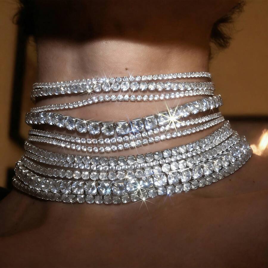 1 pieza Collar de borlas de varios niveles sexy para discoteca, collar de novia de cristal brillante de moda para gala, fiesta, boda - Plateado - Ver 1