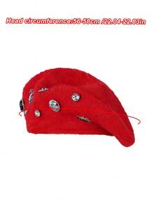 1pc Rhinestone Embellished Rabbit Fur Casual Beret Hat, Suitable For Daily Wear, Valentine's Day, Holiday Gift - Berets - View 7