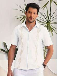 Runcati Men's Cuban Guayabera Shirt Linen Cotton Short Sleeve Mexican Beach Wedding Shirt, Elegant Resort Button Down Top Lightweight Breathable For Summer - 白色 - 查看 3