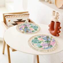 1/4/6件套春夏系列，多色绣球花配亮绿色叶子和蓝紫色蝴蝶亚麻印花流苏桌垫/咖啡杯垫 - 彩色 - 查看 2