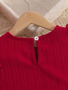 Girls' Vintage Elegant Style Round Neck Ruched Sleeve Beaded Top And Asymmetrical Hem Bowknot Beaded Skirt 2-Piece Set, Spring/Summer - Red - View 9