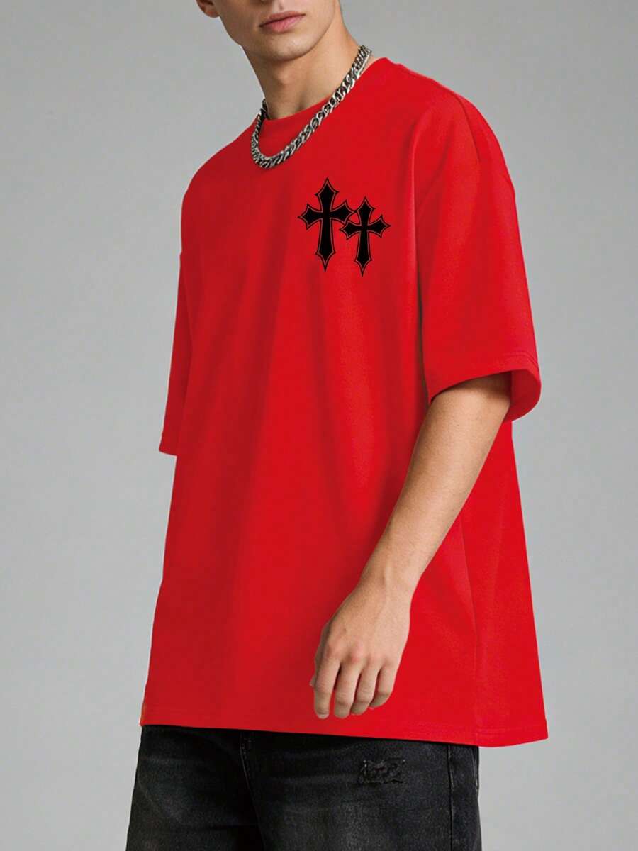 YUNCHIC - 男士落肩宽松印花T恤，春夏款 - 紅色 - 查看 1