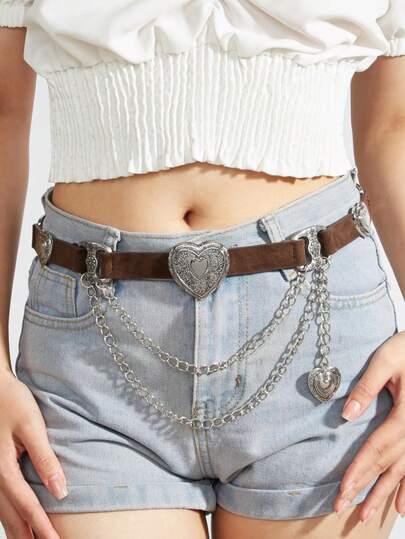 1件波西米亚风西部牛仔竞技腰带，女士波西米亚风腰带，西部风腰带，女士腰带，Y2K腰带，Y2K配饰，女士腰带，西部配饰，复古心形棕色麂皮腰带，带链条装饰，服装配饰，适合派对、音乐节、节日礼物、生日礼物、情人节配饰、情人节礼物