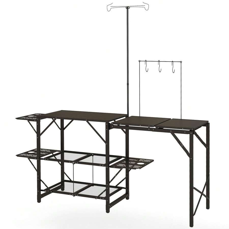 Outsunny Camping Kitchen Table, Aluminum Portable Outdoor Cooking Table, Fold-Up Cook Station With Windscreen And 3 Enclosed Cupboards For BBQ, Party, Picnics, Backyards - 黑色,長 68.5 英寸 x 寬 19.7 英寸 x 高 47.2 英寸 - 查看 1
