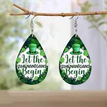 1 Đôi, Hãy Bắt Đầu Những Trò Vui! Bông tai da PU in hình mũ cỏ bốn lá màu xanh lá cây dành cho nữ, quà tặng lễ hội Ngày Thánh Patrick, in hai mặt, chất liệu giả da nhẹ, kiểu dáng thả dài, quà tặng cho các bữa tiệc ngày lễ. - màu xanh lá - Xem 6