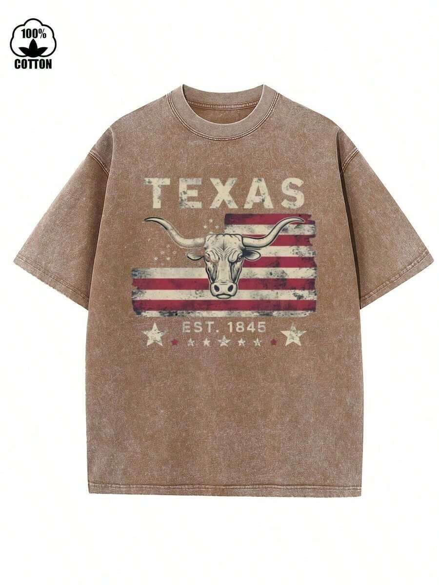 Vintage Texas And Longhorn Print Men's Washed And Distressed Print Round Neck Short Sleeve Casual T-Shirt,Vintage Washed Pure Cotton T-Shirt For Men Women(Game Day & Valentine's Day) - 棕色 - 查看 1