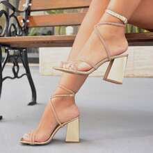 Women's Rhinestone Heeled Sandal With Tie - Sparkly - Elegant / Party - Gold - View 1