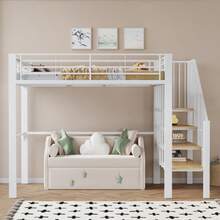 Loft Bed 140 X 200. Sturdy Metal Construction With Spacious Storage Space Under The Bed And Stairs. Ideal For Children And Adults. Storage Bed For Maximum Space Efficiency. - 白色 - 查看 1