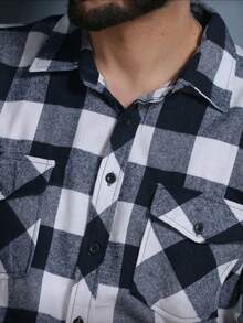 Men's Long-Sleeved Plaid Flannel Dress Shirt, Regular Fit, Buttons Down The Front, With Pocket. - Navy Blue - View 2