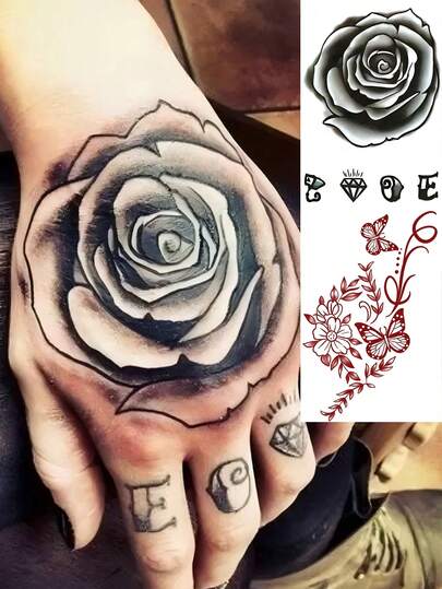 1 Sheet Y2K Rose Flower Old School Temporary Tattoos For Women Men Adults Hands Finger Foot Neck Clavicle Waist Legs Thigh Shoulder Ankles Forearm Shank Half Sleeve Arm Makeup, Semi-Permanent Temp Tattoo Waterproof Long Lasting Realistic Tatoos