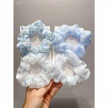 6pcs Blue Scrunchie Hair Ties, Fresh Korean Fashion Fabric Hair Ties Hair Scrunchies (The Tray In The Picture Is For Photography Purposes Only, The Actual Packaging Will Be As Per The Product) Scrunchy Hair Ties - 彩色 - 查看 7