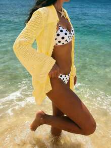 Vestido de verano/primavera amarillo para mujer ARDOR S, vestido casual suelto y cómodo con cuello, decoración de botones y suéter de punto semitransparente para la playa - Amarillo - Ver 4