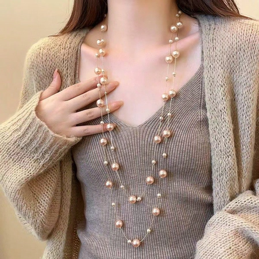 Pieza Collar largo de perlas falsas de moda, cadena de suéter elegante y minimalista, versátil para otoño/invierno